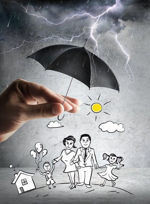 dibujo de familia con casa bajo paraguas cogido por mano